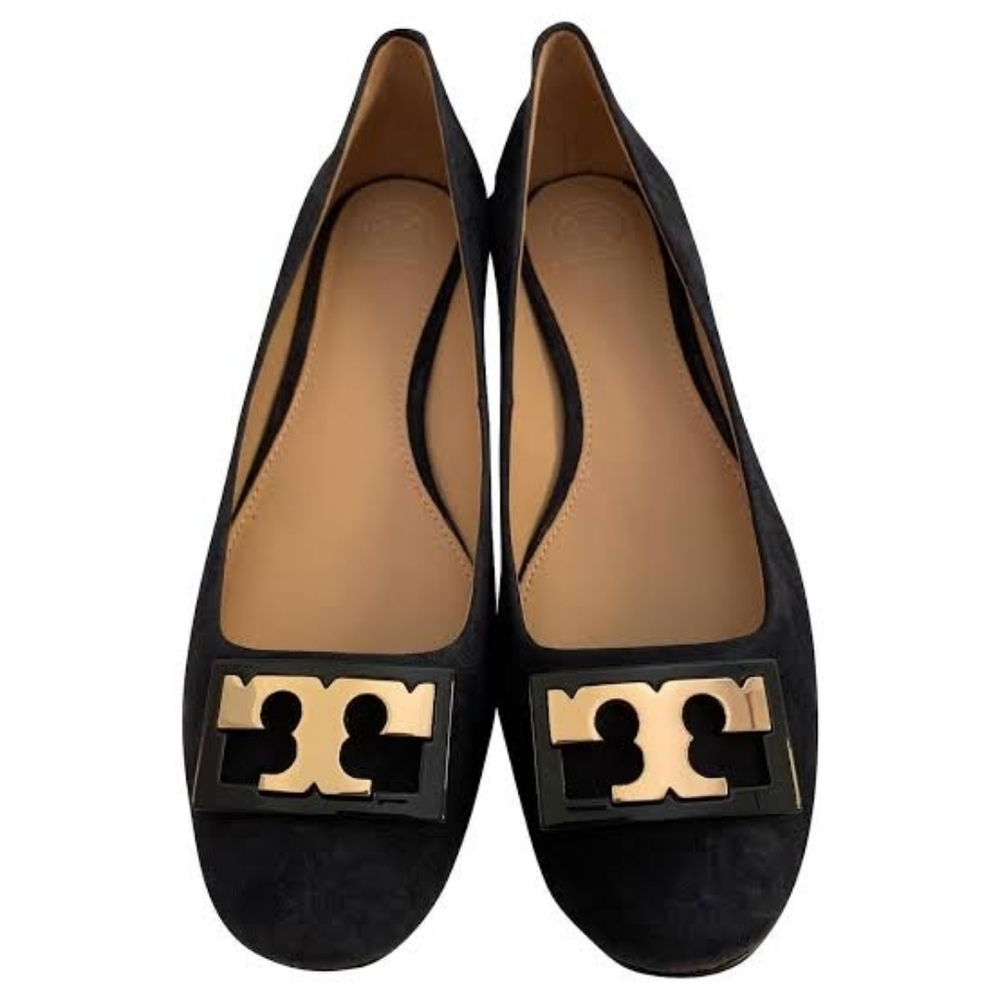 Tory Burch Black Flats with Gold Emblem